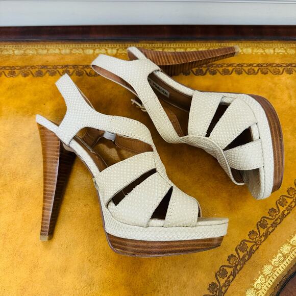 Steve Madden Hitower Leather Platform Bone Tan Wooden Heeled Sandals Size 9.5 - Picture 4 of 11